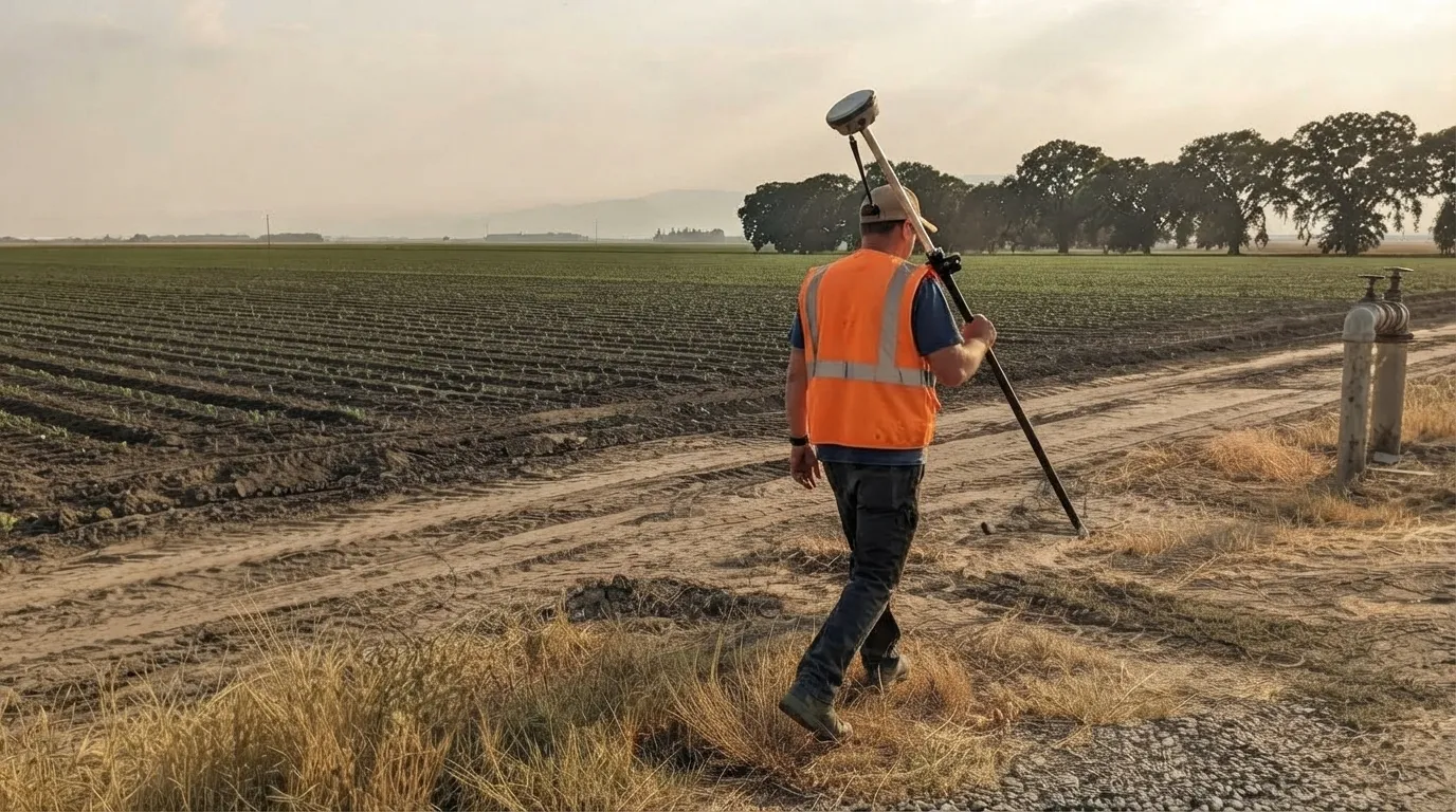 Land surveyor carrying a GNSS rover pole along a row-crop field in Tulare County, with valley oaks and an irrigation standpipe behind