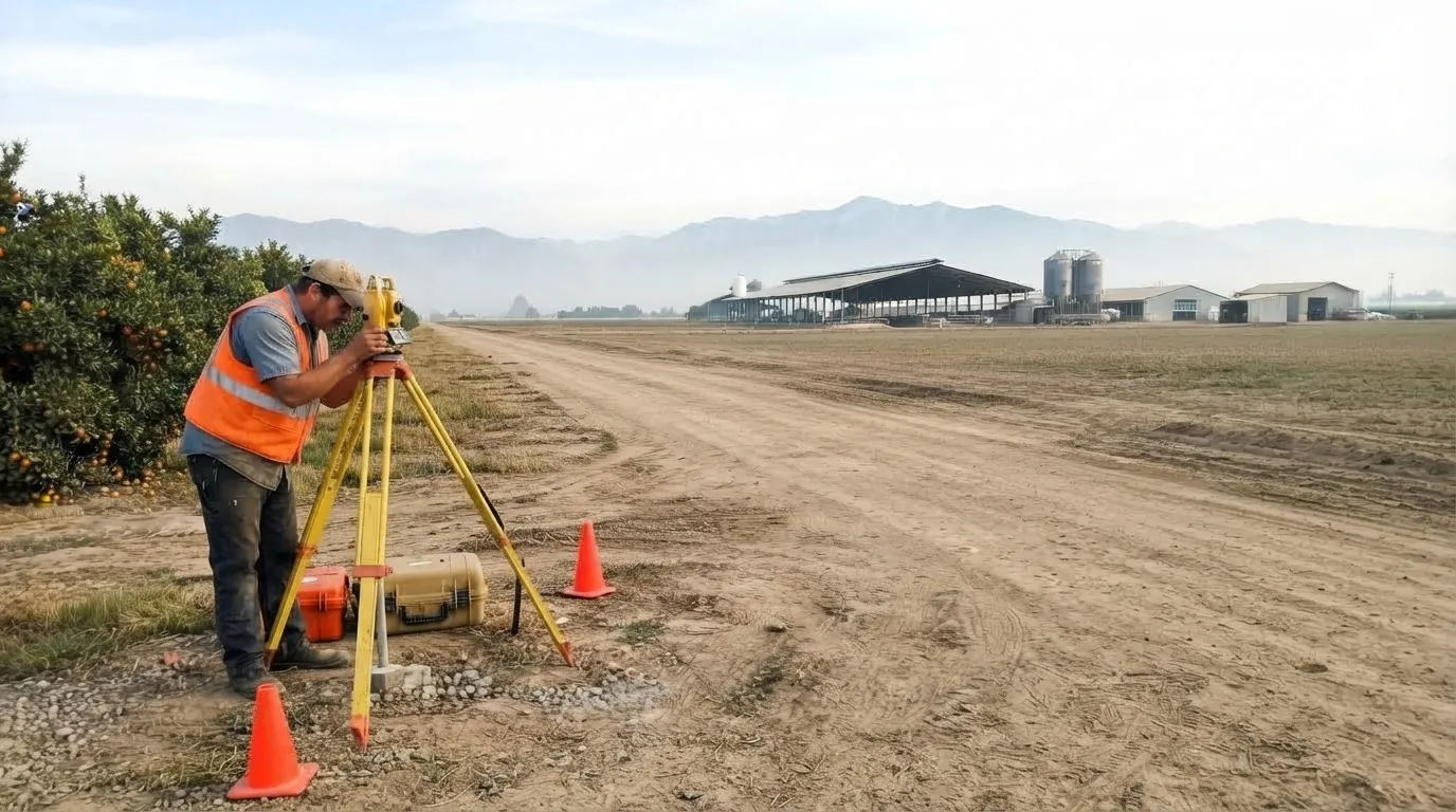 Land surveyor setting up a total station beside an orange grove on a dirt farm road in Tulare County, with dairy barns and the Sierra Nevada behind