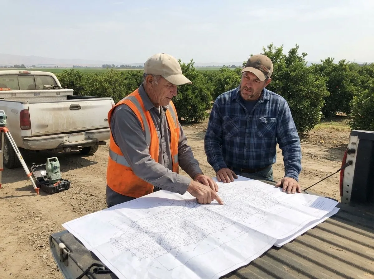 A land surveyor and a farmer reviewing a large survey map on a pickup tailgate at the edge of a citrus orchard, with survey equipment beside the truck