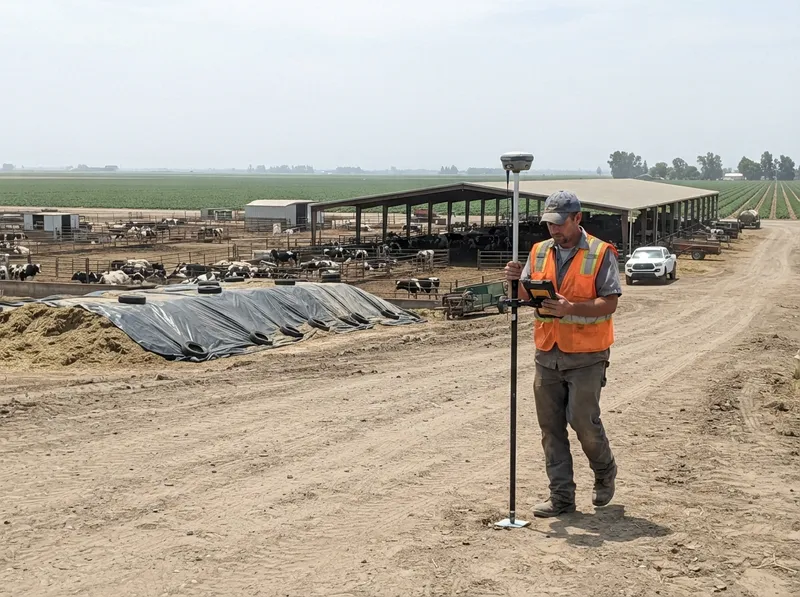 Land surveyor with a GNSS rover pole and field tablet on a dirt road beside a dairy, with shade barns, cattle pens, a tarped feed pile and crop fields behind