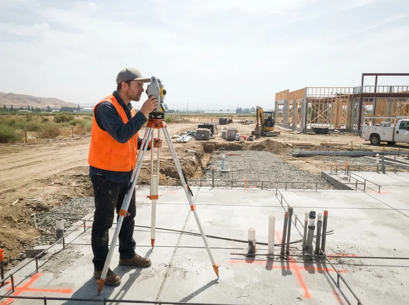 Land surveyor sighting through a total station on a newly poured concrete slab with utility stub-outs, a commercial building framed in the background