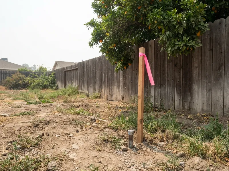 Iron-pipe property corner and a wooden lath with pink flagging beside a backyard fence, under an orange tree
