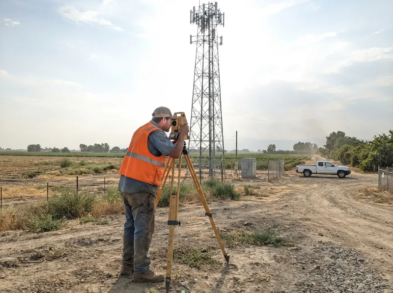 Land surveyor sighting a total station toward a lattice cell tower standing in farmland, with a fenced equipment cabinet and a pickup on a dirt road