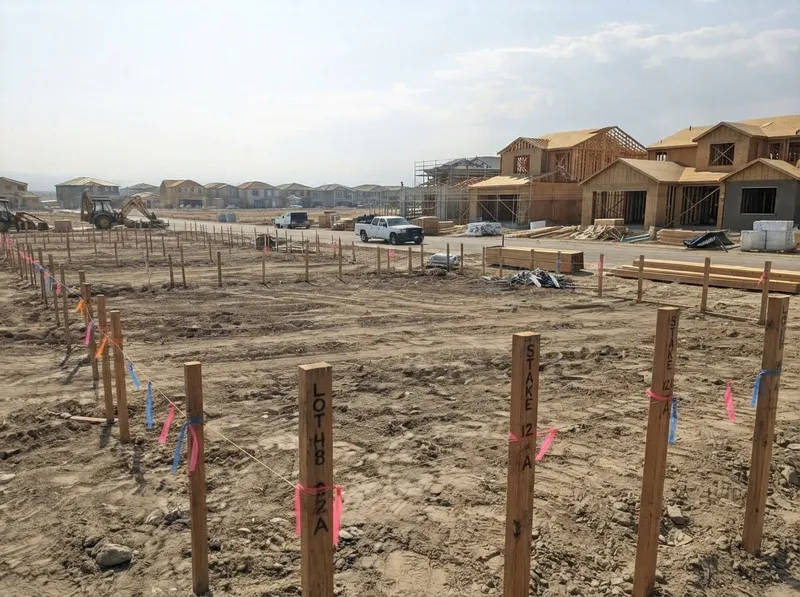 Rows of wooden construction stakes with pink and blue flagging on a graded lot in a new housing subdivision, with framed houses and equipment behind