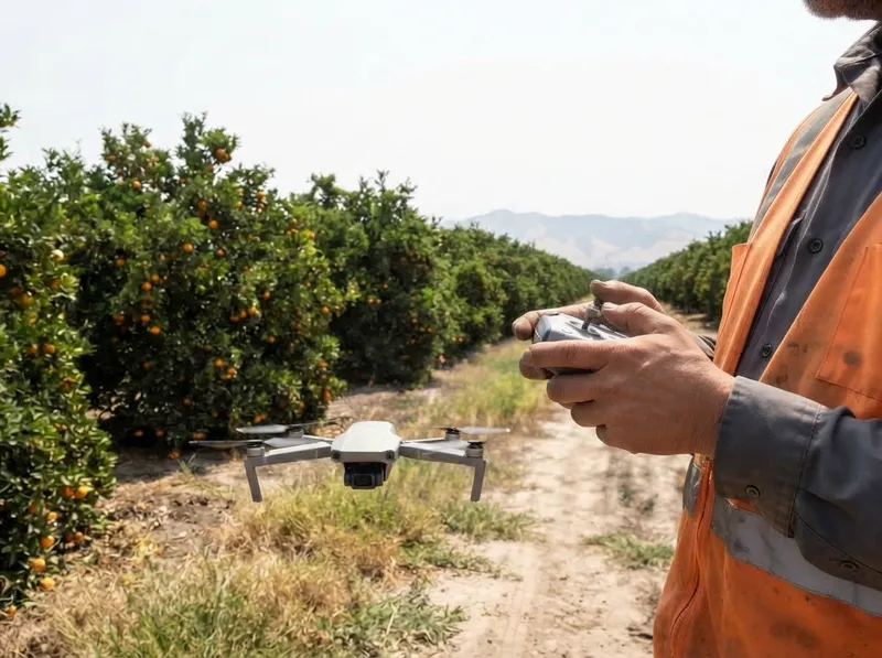 Mapping drone hovering low in a citrus orchard row while an operator in a hi-vis vest holds the controller, with foothills in the distance