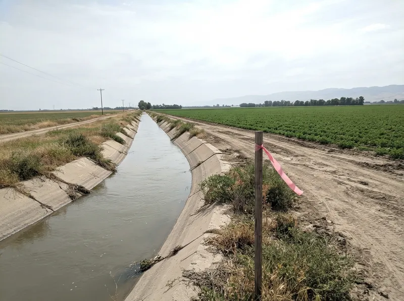 Concrete-lined irrigation canal beside a dirt farm road, with a wooden survey stake and pink flagging on the bank and crop fields beyond