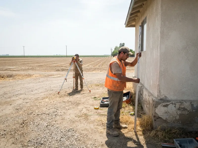 Two land surveyors taking an elevation reading: one holds a leveling rod against the foundation of a stucco farmhouse while the other sights through a level on a tripod, with plowed fields behind