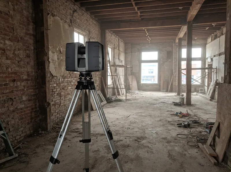 3D laser scanner on a tripod inside an older brick building under renovation, with exposed ceiling beams, scaffolding and tools on the floor