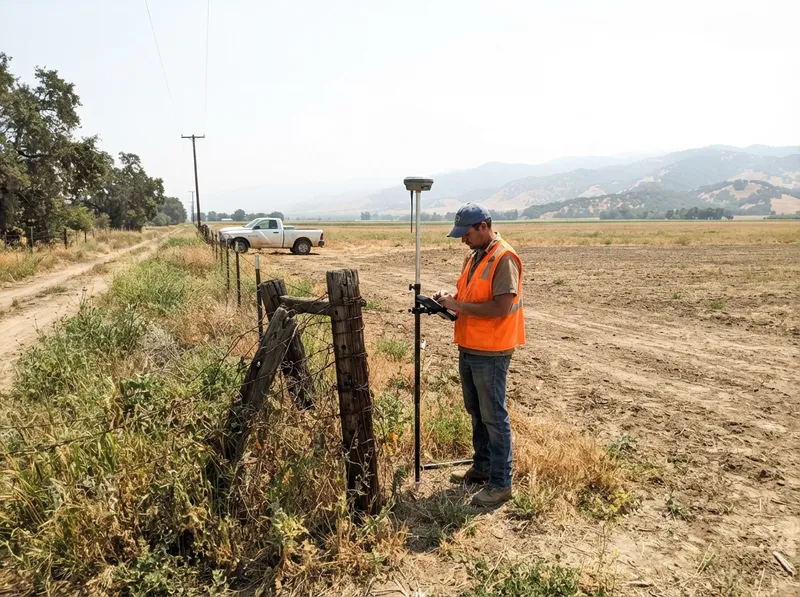 Land surveyor with a GNSS rover pole and field tablet beside an old barbed-wire fence corner between a dirt road and an open field, foothills behind