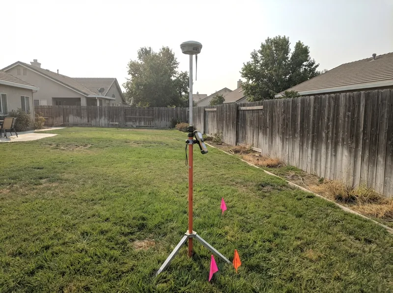 GNSS rover pole on a tripod stand in a suburban backyard lawn, with survey flags at its base, a wooden side fence and neighboring houses
