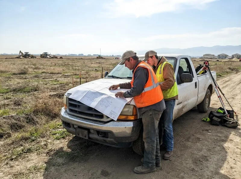 Two land surveyors reviewing a large parcel map spread on the hood of a pickup truck at the edge of an open field, with earthmoving equipment and new homes in the distance
