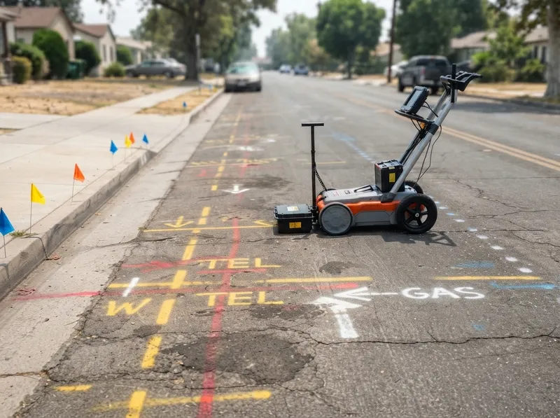 Ground-penetrating radar cart on a residential street with spray-painted utility locate marks on the asphalt and marker flags along the curb