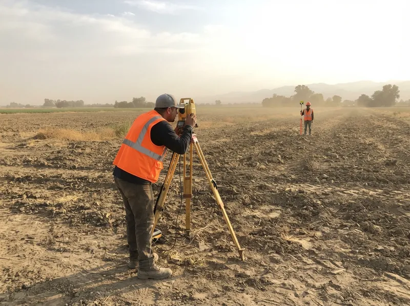 Land surveyor at a total station in a freshly disced field while a second crew member holds a prism pole in the distance, with foothills behind