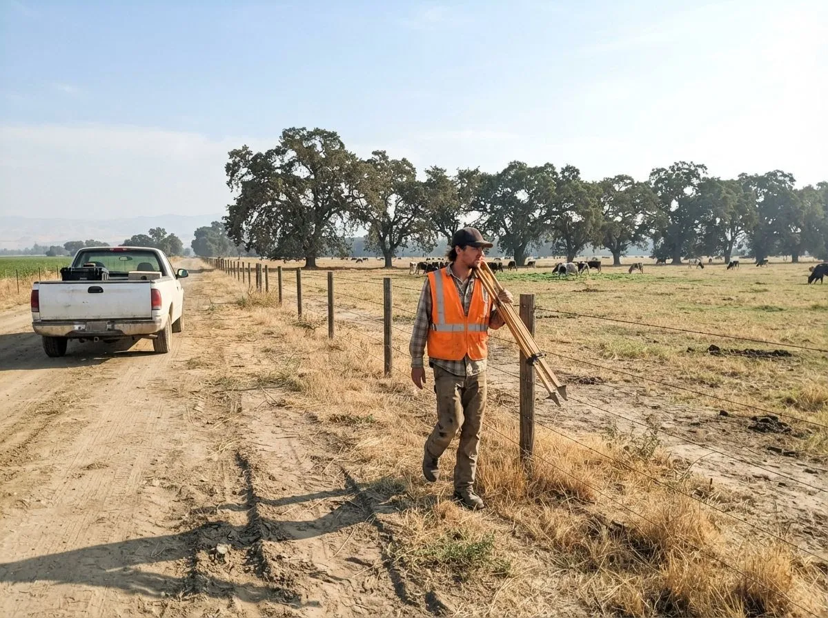 Land surveyor carrying a wooden tripod along a barbed-wire fence beside a dairy pasture with grazing cows and valley oaks, a pickup parked on the dirt road